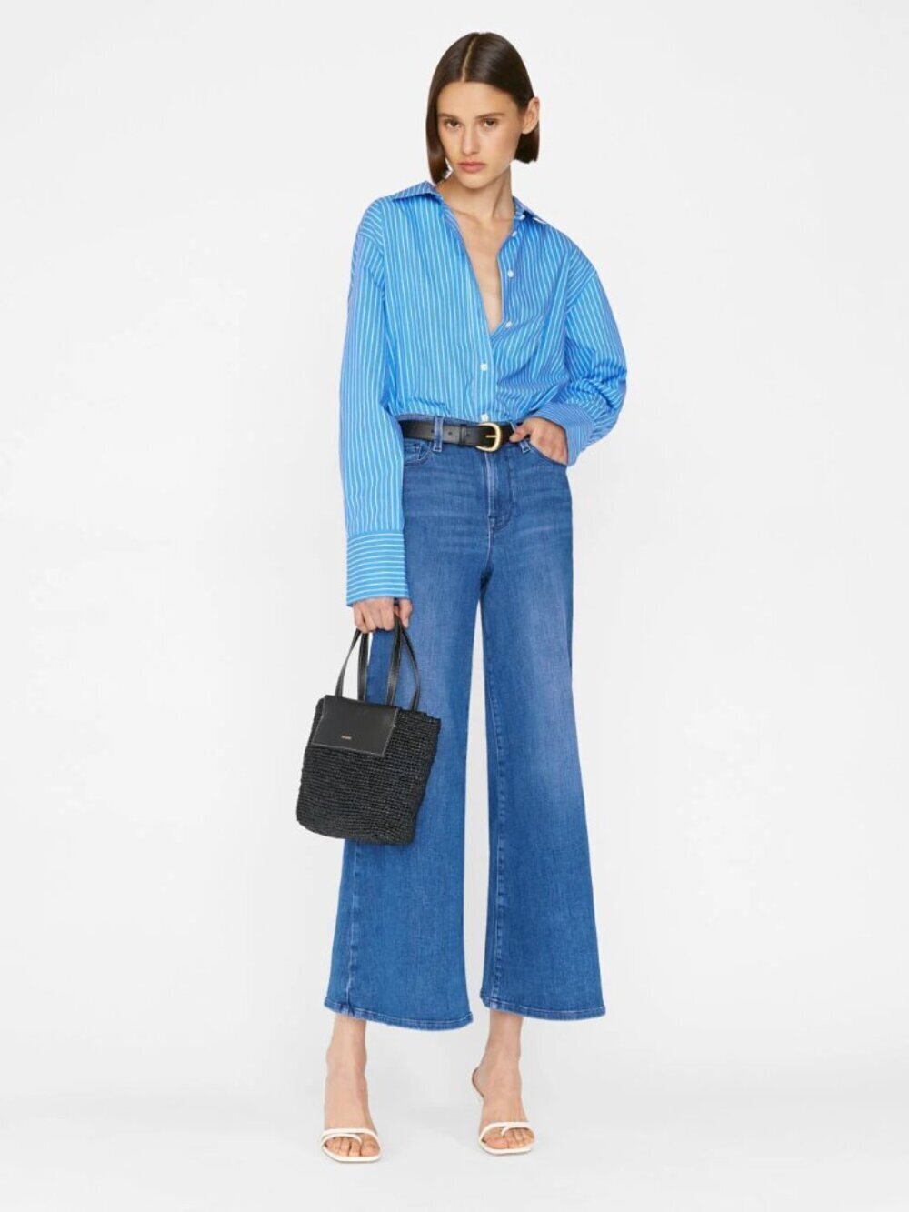 FRAME The Palazzo Crop Temple Medium Rinse Cropped Wide Leg Jeans, Size 25